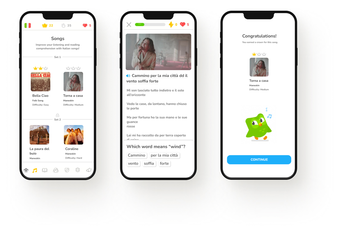 three smartphone screens showing a new duolingo feature using songs