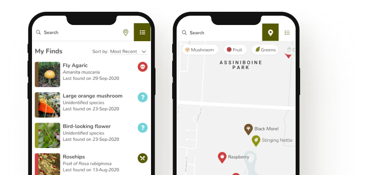 two app screens showing a foraging map and journal